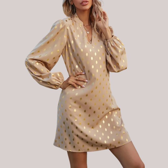 Gold Polka Dot Mini Dress | Long Balloon Sleeves | Shimmering Elegance | Party Wear