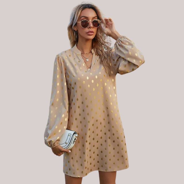 Gold Polka Dot Mini Dress | Long Balloon Sleeves | Shimmering Elegance | Party Wear