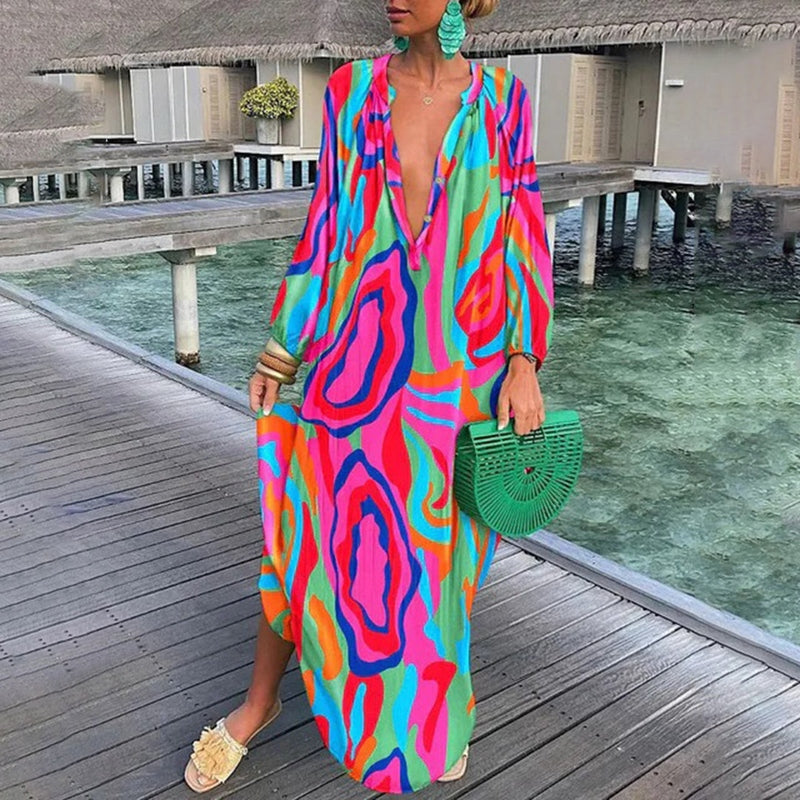 Vibrant Abstract Maxi Kaftan Dress | Lightweight Resort Wear | Flowing Silhouette